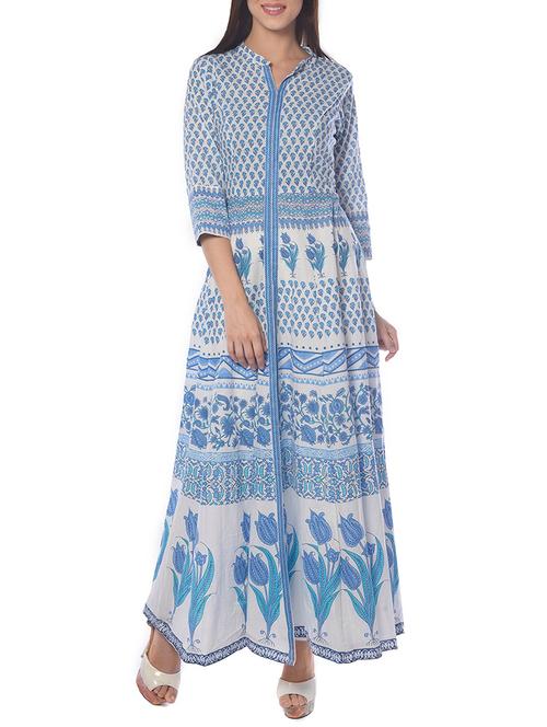 blue cotton block printed long kurta - 13724223 - Very Small Image - 1