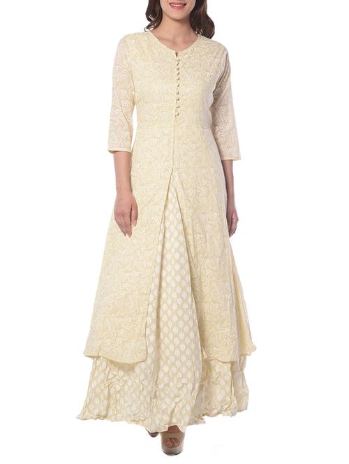 beige cotton printed high slit kurta - 13724229 - Very Small Image - 1