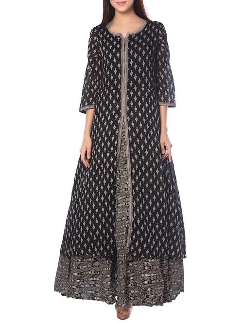 black cotton printed high slit kurta - 13724231 - Very Small Image - 1