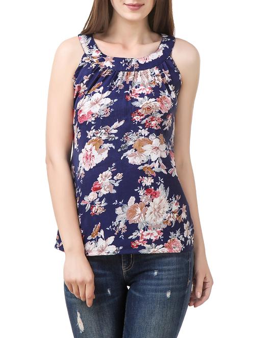 navy blue floral printed polycrepe top - 13726358 - Very Small Image - 1