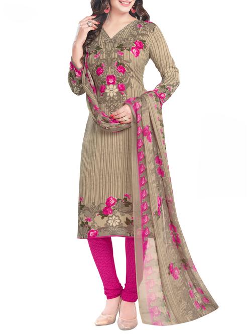 beige crepe printed churidaar suits dress material - 13729357 - Very Small Image - 1