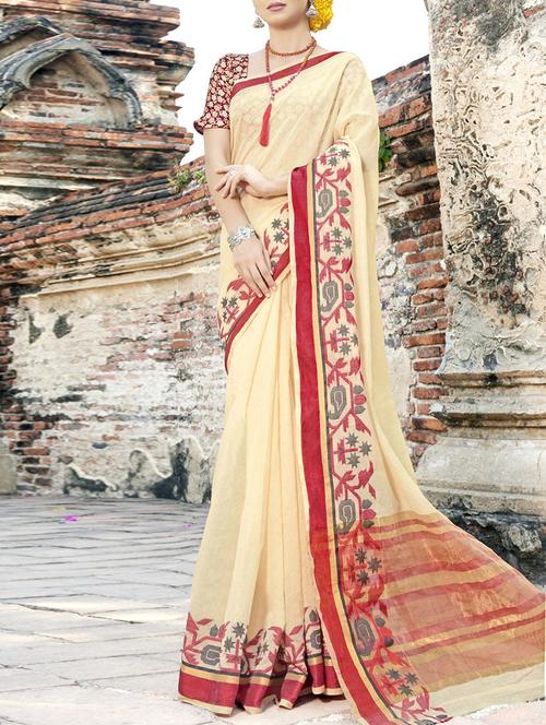 beige cotton blend bordered saree with blouse - 13729869 - Very Small Image - 1