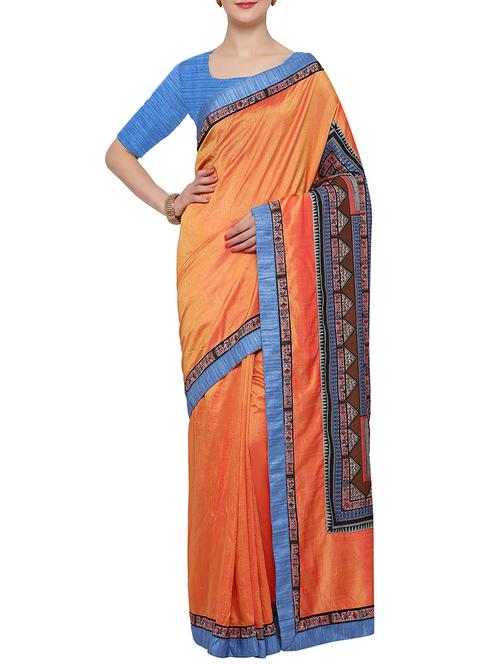 orange cotton blend printed saree with blouse - 13729917 - Very Small Image - 1