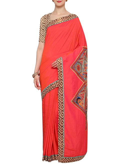 pink cotton blend printed saree with blouse - 13729918 - Very Small Image - 1