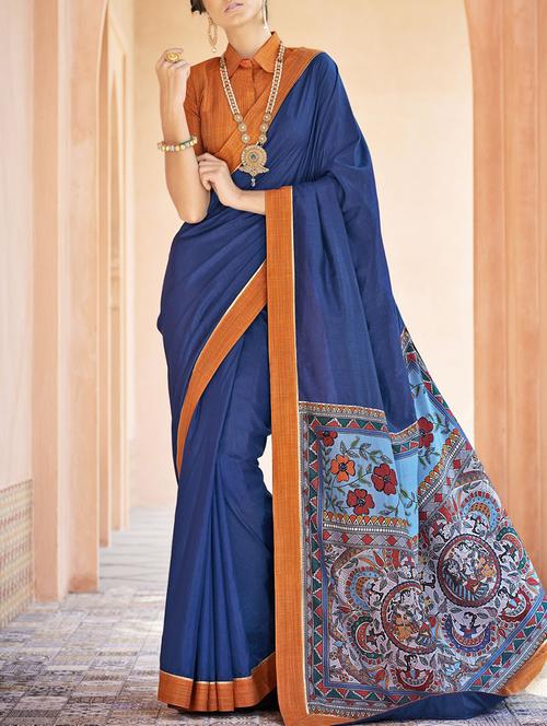 blue bordered saree with blouse - 13729920 - Very Small Image - 1