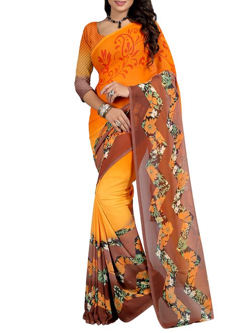 orange georgette printed saree with blouse - 13730229 - Very Small Image - 1