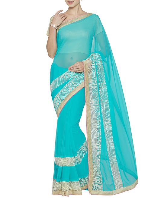 turquoise chiffon bordered saree with blouse - 13730278 - Very Small Image - 1