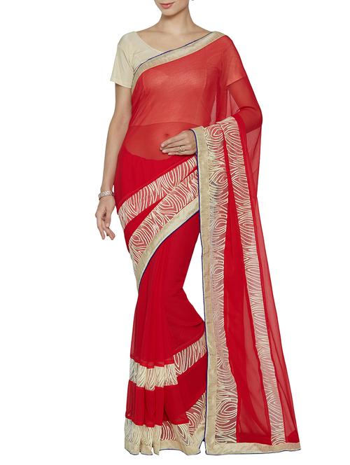 red chiffon embroidered saree with blouse - 13730285 - Very Small Image - 1