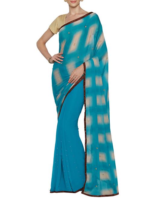 turquoise chiffon printed half & half saree with blouse - 13730289 - Very Small Image - 1