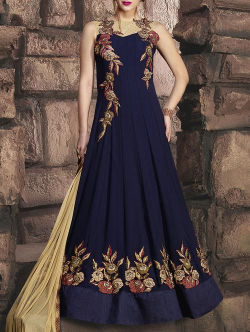 blue georgette embroidered anarkali semi-stitched suit - 13731526 - Very Small Image - 1