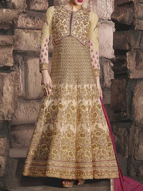beige georgette embroidered anarkali semi-stitched suit - 13731528 - Very Small Image - 1