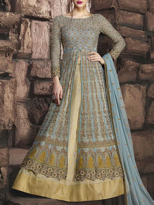 blue net embroidered anarkali semi-stitched suit - 13731531 - Very Small Image - 1