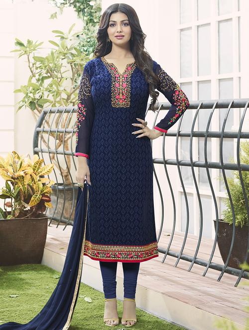 blue georgette embroidered churidaar suits semi-stitched suit - 13731532 - Very Small Image - 1