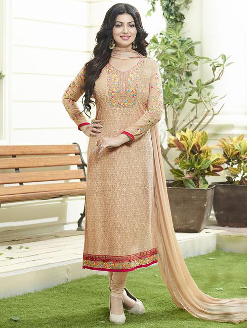 beige georgette embroidered churidaar suits semi-stitched suit - 13731534 - Very Small Image - 1