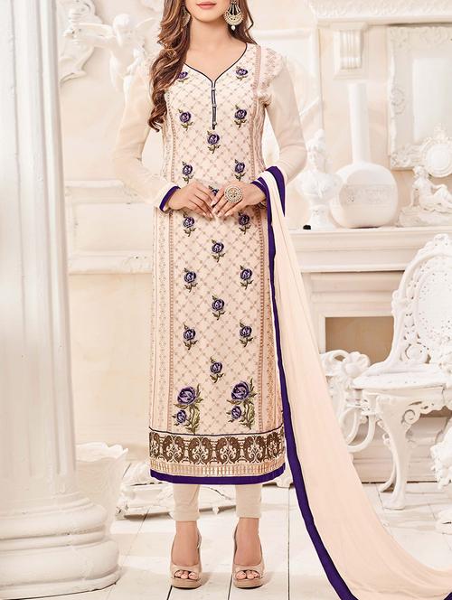 beige georgette embroidered churidaar suits semi-stitched suit - 13731540 - Very Small Image - 1
