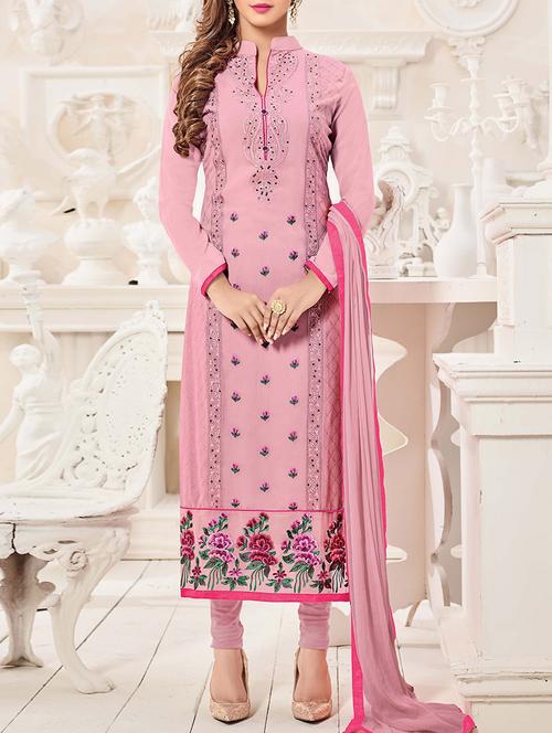pink georgette embroidered churidaar suits semi-stitched suit - 13731541 - Very Small Image - 1