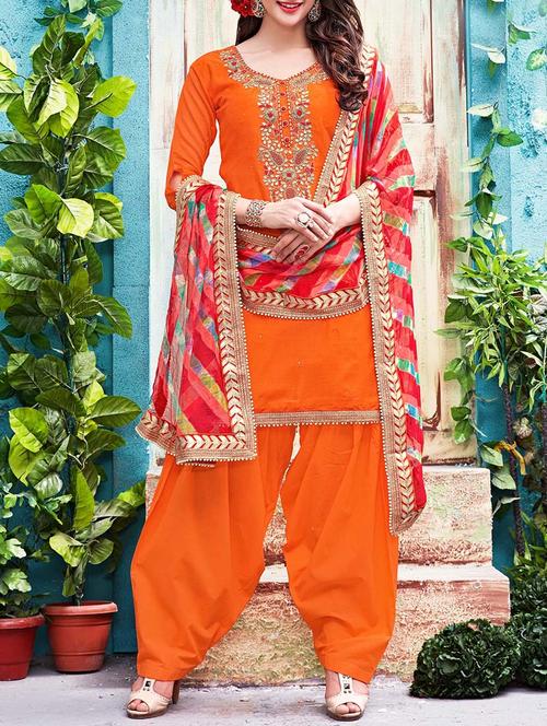 orange chanderi cotton patiyala suits dress material - 13731683 - Very Small Image - 1