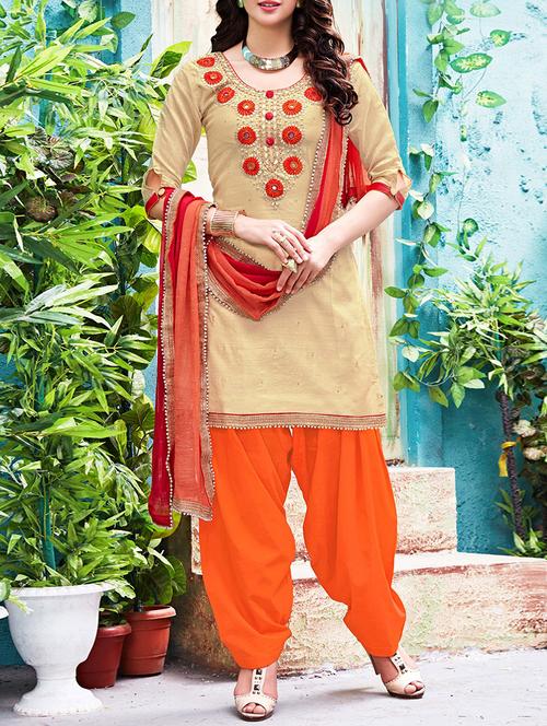 beige chanderi cotton patiyala suits dress material - 13731689 - Very Small Image - 1