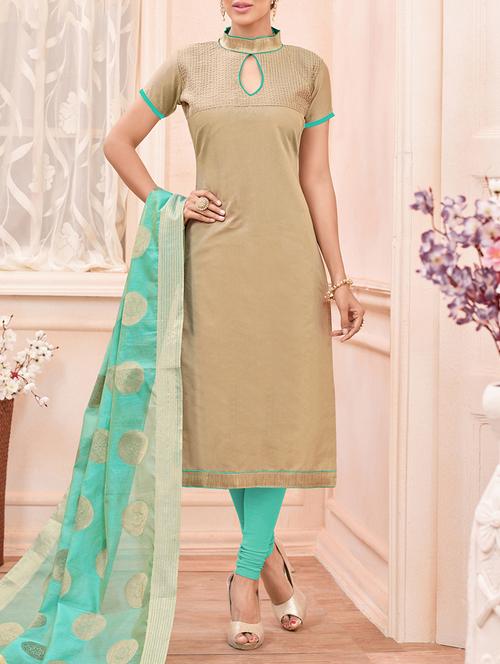 beige chanderi cotton solid churidaar suits dress material - 13731698 - Very Small Image - 1