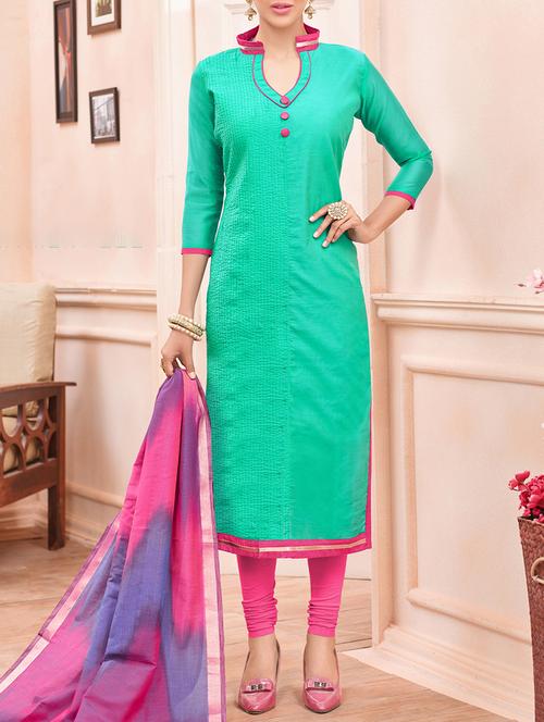 green chanderi cotton solid churidaar suits dress material - 13731700 - Very Small Image - 1