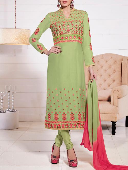 green cotton embroidered churidaar suits dress material - 13731703 - Very Small Image - 1