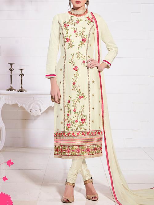 cream cotton embroidered churidaar suits dress material - 13731709 - Very Small Image - 1