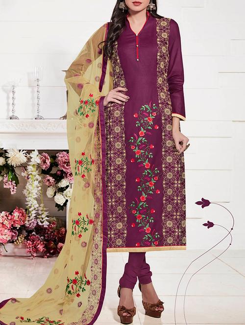 purple cotton embroidered churidaar suits dress material - 13731710 - Very Small Image - 1