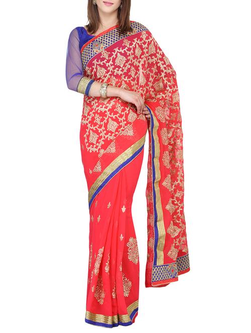 red georgette embroidered saree with blouse - 13731754 - Very Small Image - 1