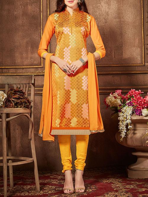orange cotton embroidered churidaar suit dress material - 13736381 - Very Small Image - 1