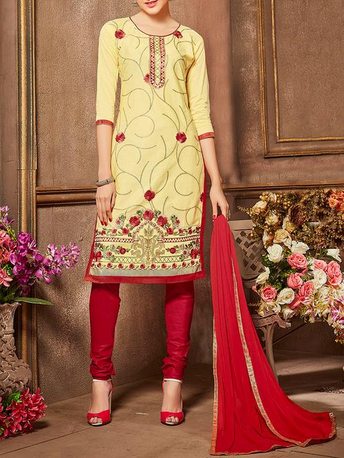 yellow cotton embroidered churidaar suit dress material - 13736387 - Very Small Image - 1