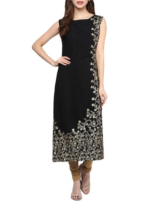 black crepe printed long kurta - 13740288 - Very Small Image - 1