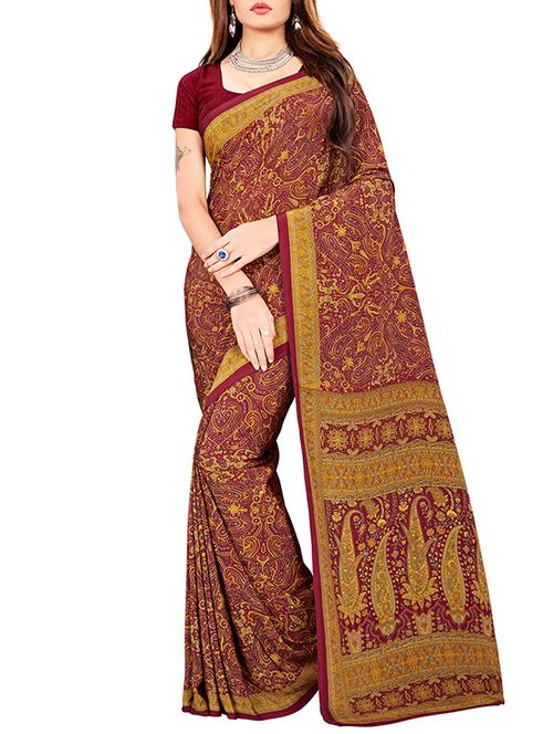 maroon crepe printed saree with blouse - 13740936 - Very Small Image - 1