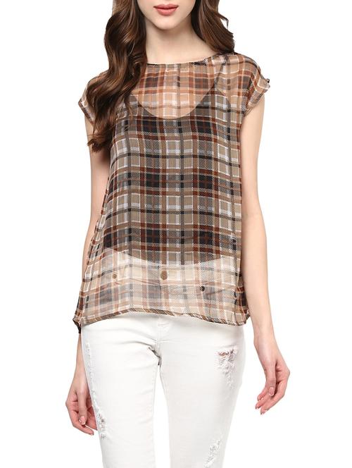 round neck sheer checkered top - 13741096 - Very Small Image - 1