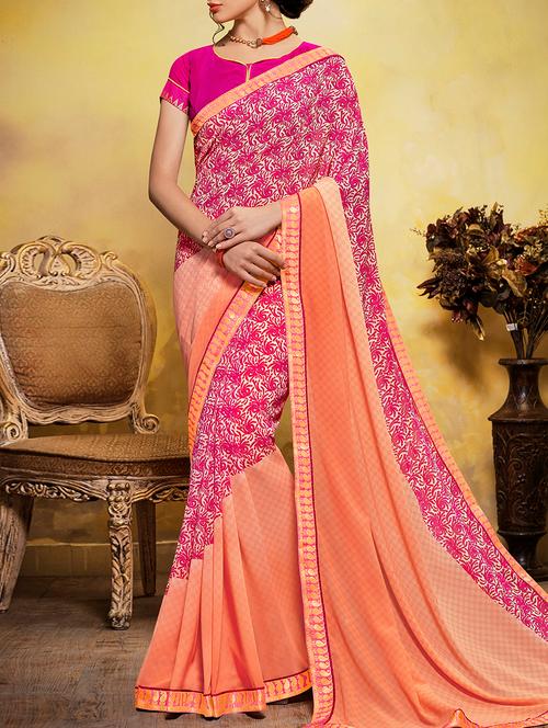 pink & salmon georgette printed saree with blouse - 13742418 - Very Small Image - 1