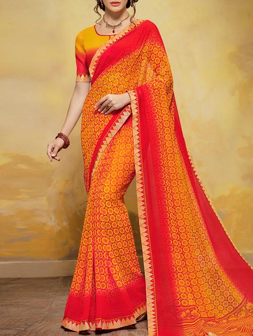 orange & red georgette printed saree with blouse - 13742420 - Very Small Image - 1