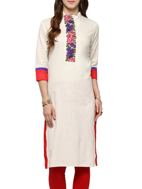 cream cotton embroidered straight kurta - 13743896 - Very Small Image - 1