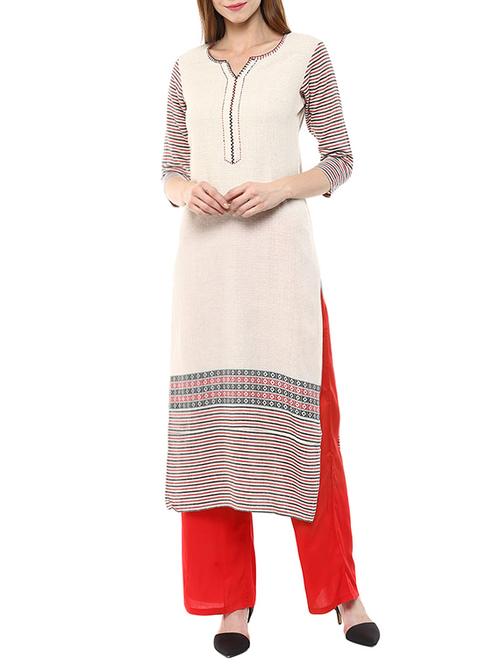 beige cotton printed kurta bottom set - 13744166 - Very Small Image - 1
