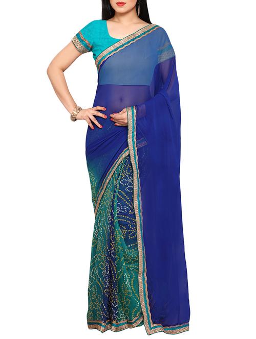 blue georgette printed bandhani saree with blouse - 13744578 - Very Small Image - 1