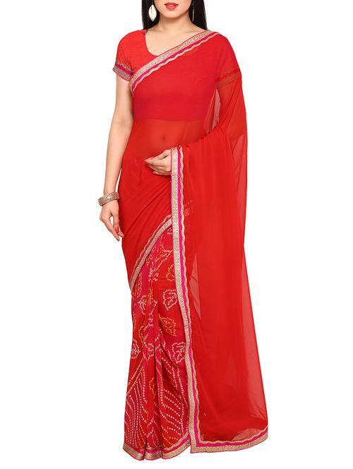 red georgette printed bandhani saree with blouse - 13744579 - Very Small Image - 1