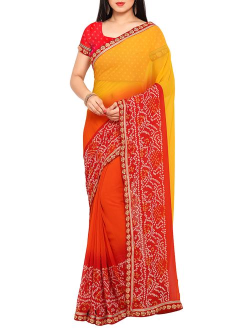 orange georgette printed bandhani saree with blouse - 13744580 - Very Small Image - 1