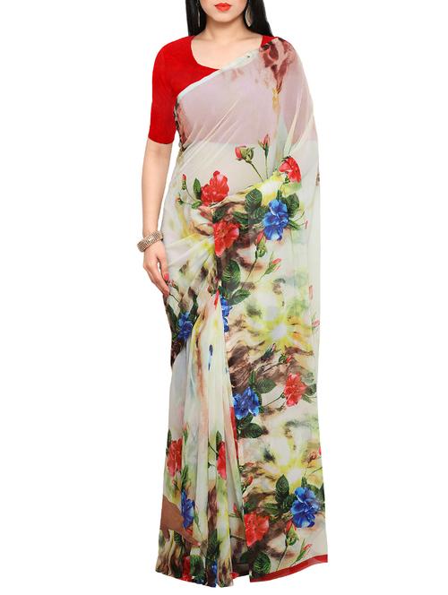 white georgette printed saree with blouse - 13744585 - Very Small Image - 1