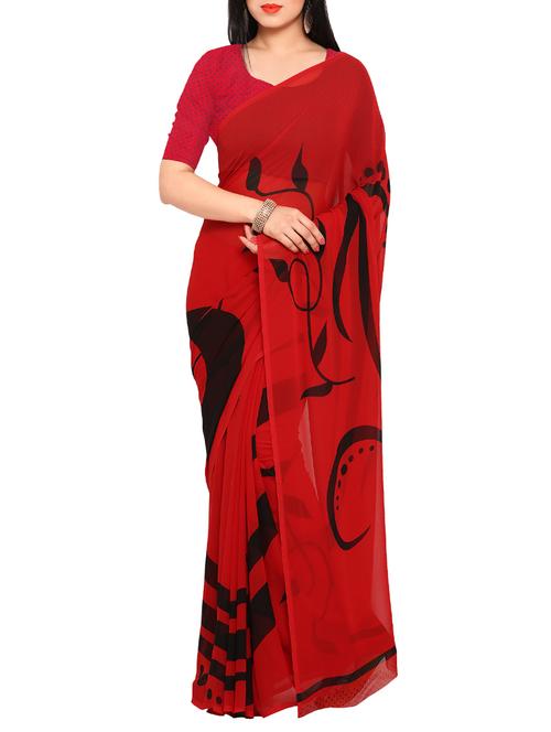 red & black georgette printed saree with blouse - 13744591 - Very Small Image - 1