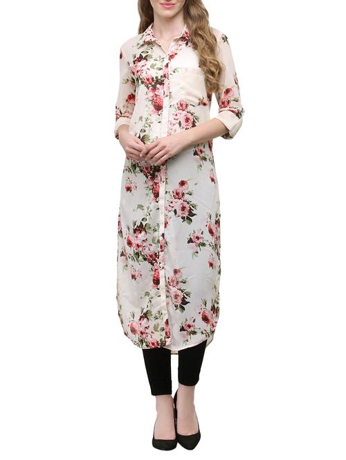 cream floral printed georgette tunic - 13746570 - Very Small Image - 1