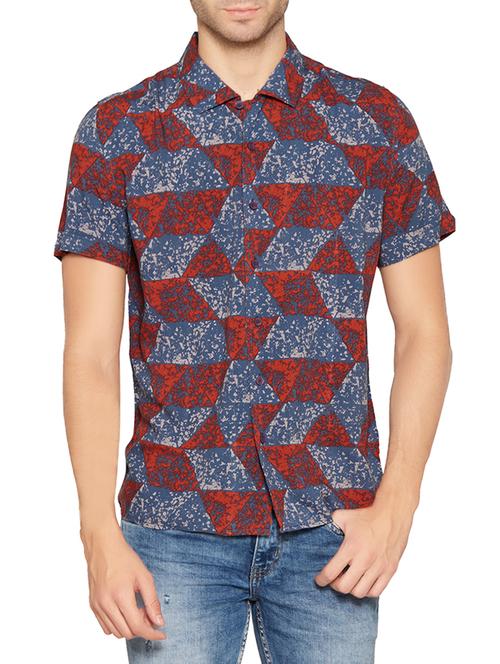 navy blue cotton geometric casual shirt - 13747777 - Very Small Image - 1