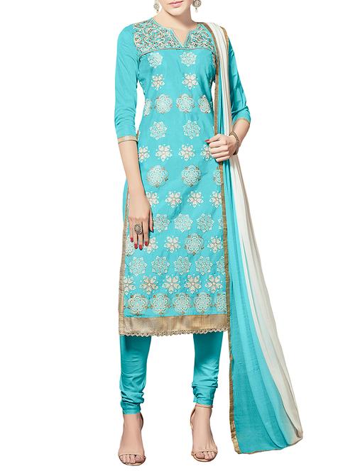 sky blue cotton blend embroidered churidaar suits dress material - 13748058 - Very Small Image - 1