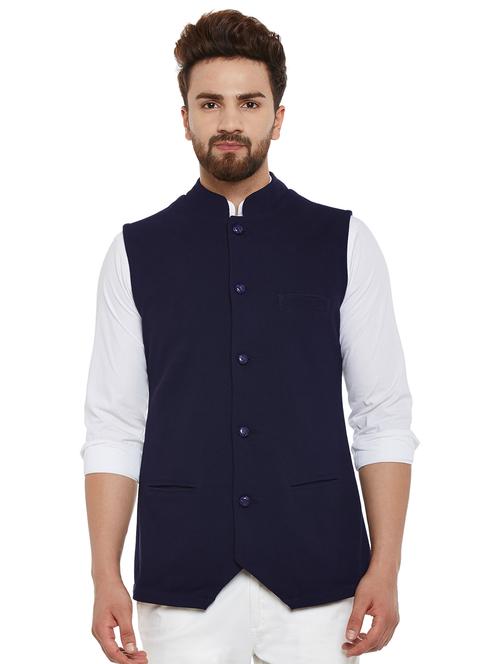 solid blue cotton nehru jacket - 13749272 - Very Small Image - 1