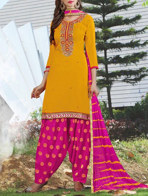 mustard cotton embroidered patiyala suit dress material - 13754454 - Very Small Image - 1