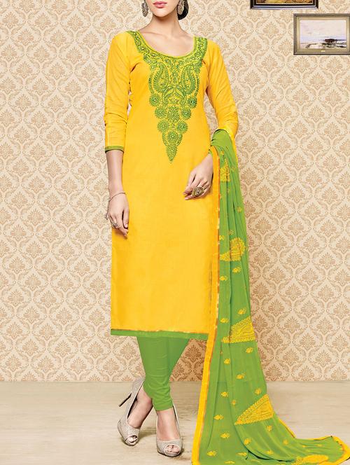 yellow cotton embroidered churidaar suit dress material - 13754465 - Very Small Image - 1