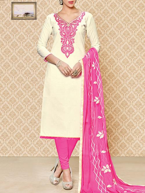 cream cotton embroidered churidaar suit dress material - 13754473 - Very Small Image - 1
