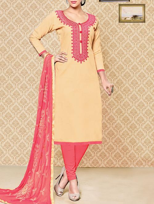 beige cotton embroidered churidaar suit dress material - 13754475 - Very Small Image - 1
